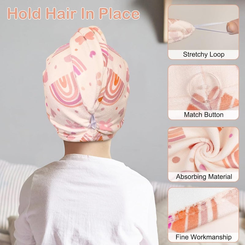 Basumee Microfiber Hair Towel Wrap for Kids 2 Pack Rapid Drying Hair Towel with Button Hair Turbans for Wet Hair Wraps Head Towel Wrap for Women and Girls - Image 3
